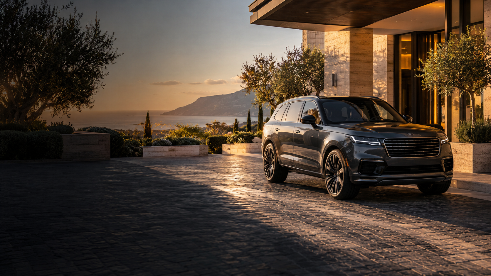 Concept image of a luxury vehicle arriving at a contemporary coastal retreat